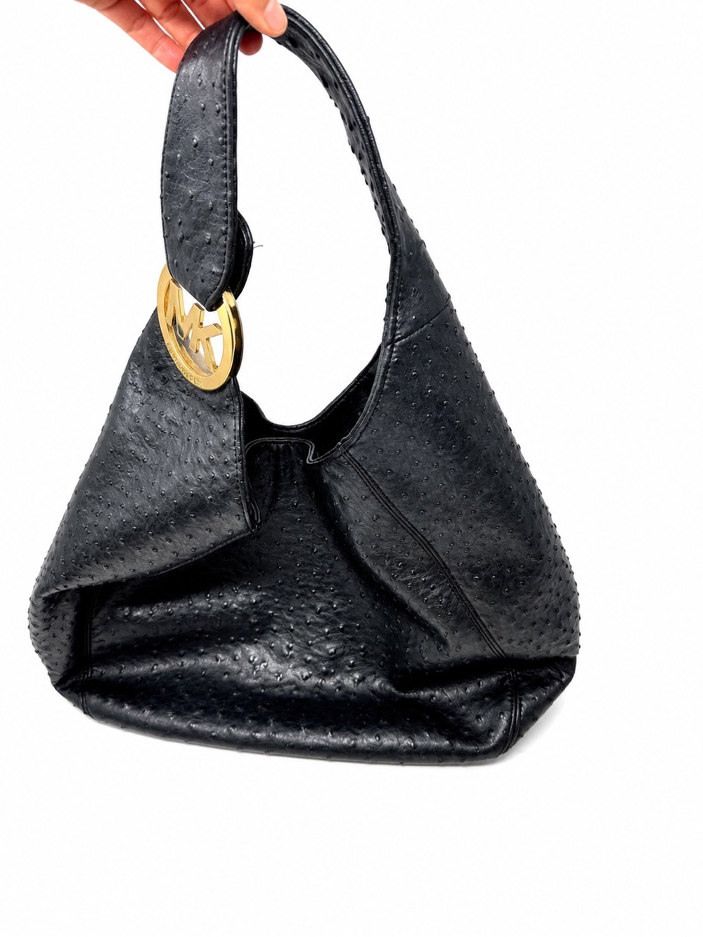 Michael Kors Black Ostrich Leather Hobo Bag Gold MK Logo Shoulder Purse